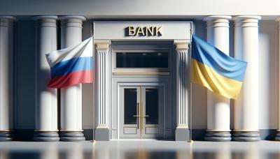 Gesloten bankdeuren met Russische en Oekraïense vlaggen.