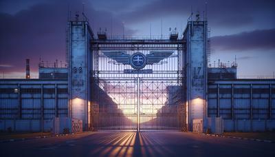 Portes d'usine fermées avec le logo Boeing au crépuscule.