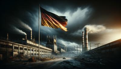 Usine fermée, drapeau allemand, sombres nuages d'orage, lumière déclinante