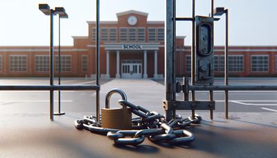 Puertas de la escuela cerradas con candado y cadenas.