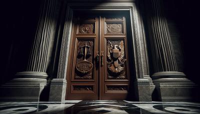 Gesloten Senaatsdeur met schimmige figuren die overleggen.