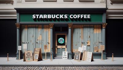 Geschlossener Starbucks-Laden mit Protestschildern draußen.