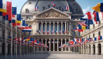 Drapeaux de la coalition devant le bâtiment du gouvernement français.