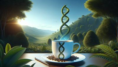 Kaffeetasse mit DNA-Helix und Naturhintergrund