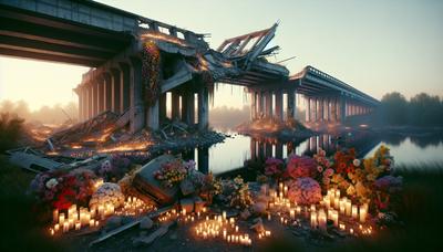 Rovine di un ponte crollato con fiori e candele commemorative.