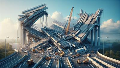 Ponte crollato con detriti di gru e autostrada bloccata.