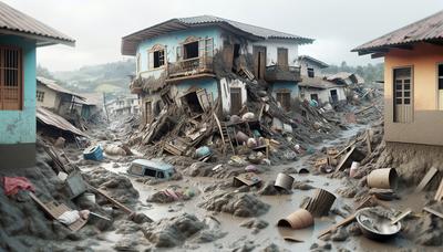 Ingestorte huizen te midden van modder en puin in Ecuador.