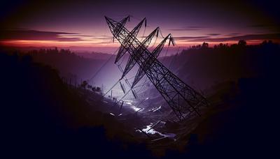 Ingestorte zendmast en verduisterd landschap in de schemering.