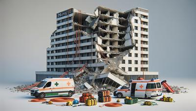 Macerie di un edificio alberghiero crollato con l'equipaggiamento della squadra di soccorso.