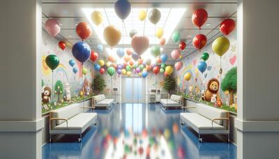 Ballons colorés et dessins joyeux dans un cadre hospitalier.