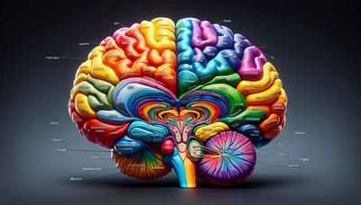 Diagrama cerebral colorido con áreas cognitivas destacadas.