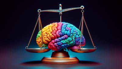 Ilustración de cerebro colorido con escalas de sesgo equilibradas.