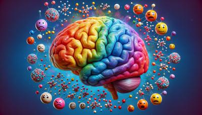 Cerebro colorido con moléculas de dopamina e íconos de emociones