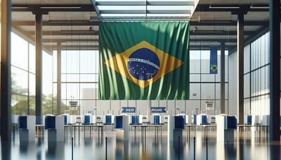 Bandera brasileña colorida con fondo de estación de votación.