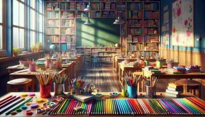 Aula colorata con forniture artistiche e libri.