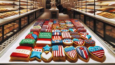 Biscuits colorés avec des motifs sur le thème des élections dans la boulangerie.