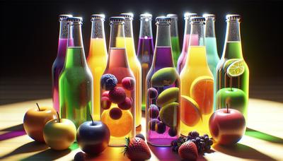 Jus de fruits fermentés colorés dans des bouteilles en verre.