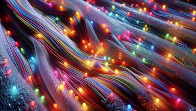 LED in fibra colorata che illuminano un tessuto flessibile con sfumature.