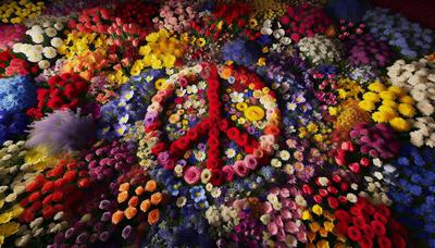 Bunte Blumen in einer friedlichen Protestaktion angeordnet.