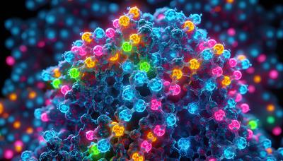 Kleurrijke fluorescerende moleculen onder een hogeresolutiemicroscoop.