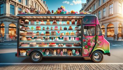 Kleurrijke foodtruck met diverse gourmet desserts.