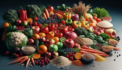 Assortiment de fruits colorés, de légumes et de grains entiers.