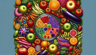 Ilustração de frutas e vegetais coloridos com bactérias intestinais.