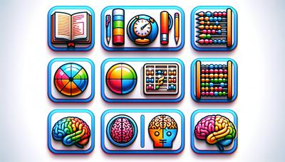 Iconos coloridos que representan diversas actividades de aprendizaje y cerebro.