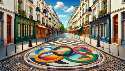 Mosaïque colorée représentant les anneaux olympiques dans une rue de Paris.