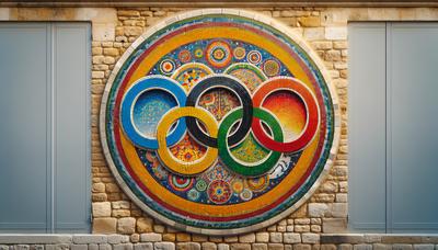 Mosaïque colorée des anneaux olympiques sur un mur de Paris.