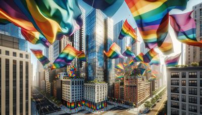 Des drapeaux arc-en-ciel colorés flottent au-dessus des rues animées de la ville.