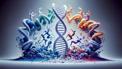 Filamenti intrecciati di RNA colorato con filamenti di elica di DNA