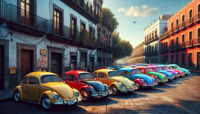 Coloridos VW Escarabajos se alinean en una calle de la Ciudad de México.