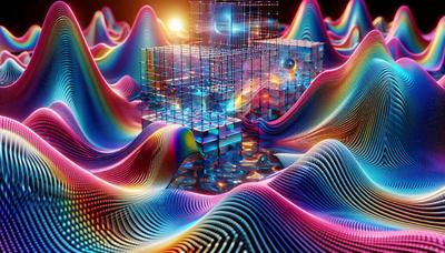 Ondas coloridas interagindo com estruturas de metamateriais futuristas.