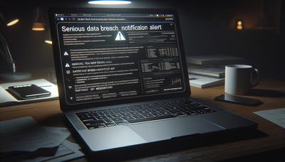 Pantalla de computadora mostrando alerta de notificación de violación de datos.