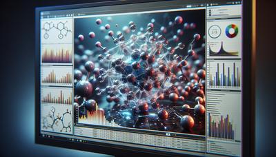 "Pantalla de computadora con modelos moleculares y gráficos de datos"