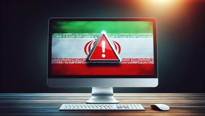 Pantalla de computadora con señal de advertencia y bandera iraní