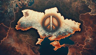 Mapa de conflicto resaltando Ucrania con superposición del símbolo de la paz