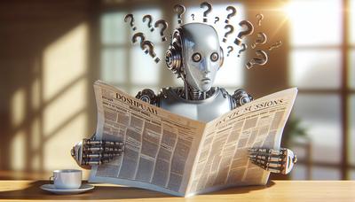 Robot confus lisant un journal avec des points d'interrogation.