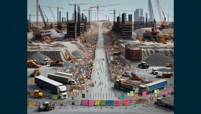 Baustelle von Klimaaktivisten blockiert, Schilder sichtbar.