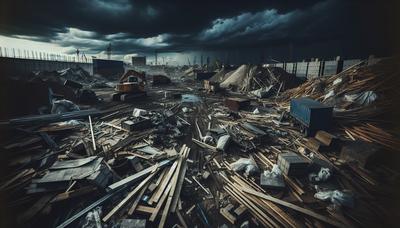 Bauschutt auf der Baustelle unter dunklem, stürmischem Himmel.