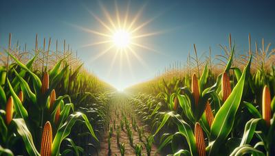 Campo di mais sotto il sole cocente con visibili onde di calore che salgono.