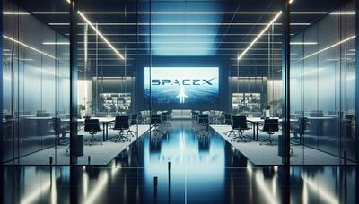 Oficina corporativa con el logo de SpaceX y líneas borrosas.