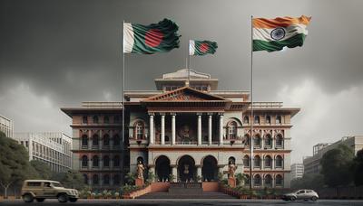 Edificio judicial con banderas de Bangladesh e India tensión.