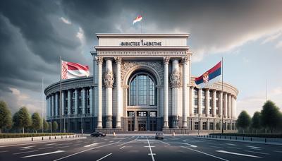 Edificio del tribunale con le bandiere di Bielorussia e Serbia.

