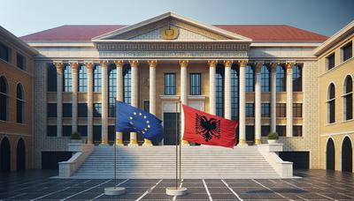 Bâtiment de la cour avec des drapeaux européens et albanais à l'extérieur.