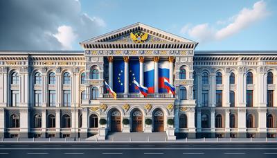 Edificio judicial con banderas europeas y rusas integradas