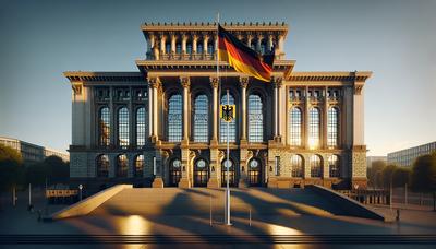 Gerichtsgebäude mit wehender deutscher Flagge draußen.