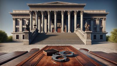 Edificio del tribunale con manette su un tavolo di legno.