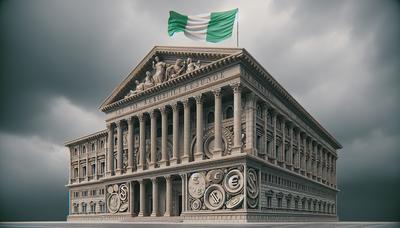 Edificio del tribunale con bandiera italiana e simboli di denaro.